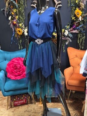 Asymmetrical Layered Tulle Skirt in Teal & Navy - Women